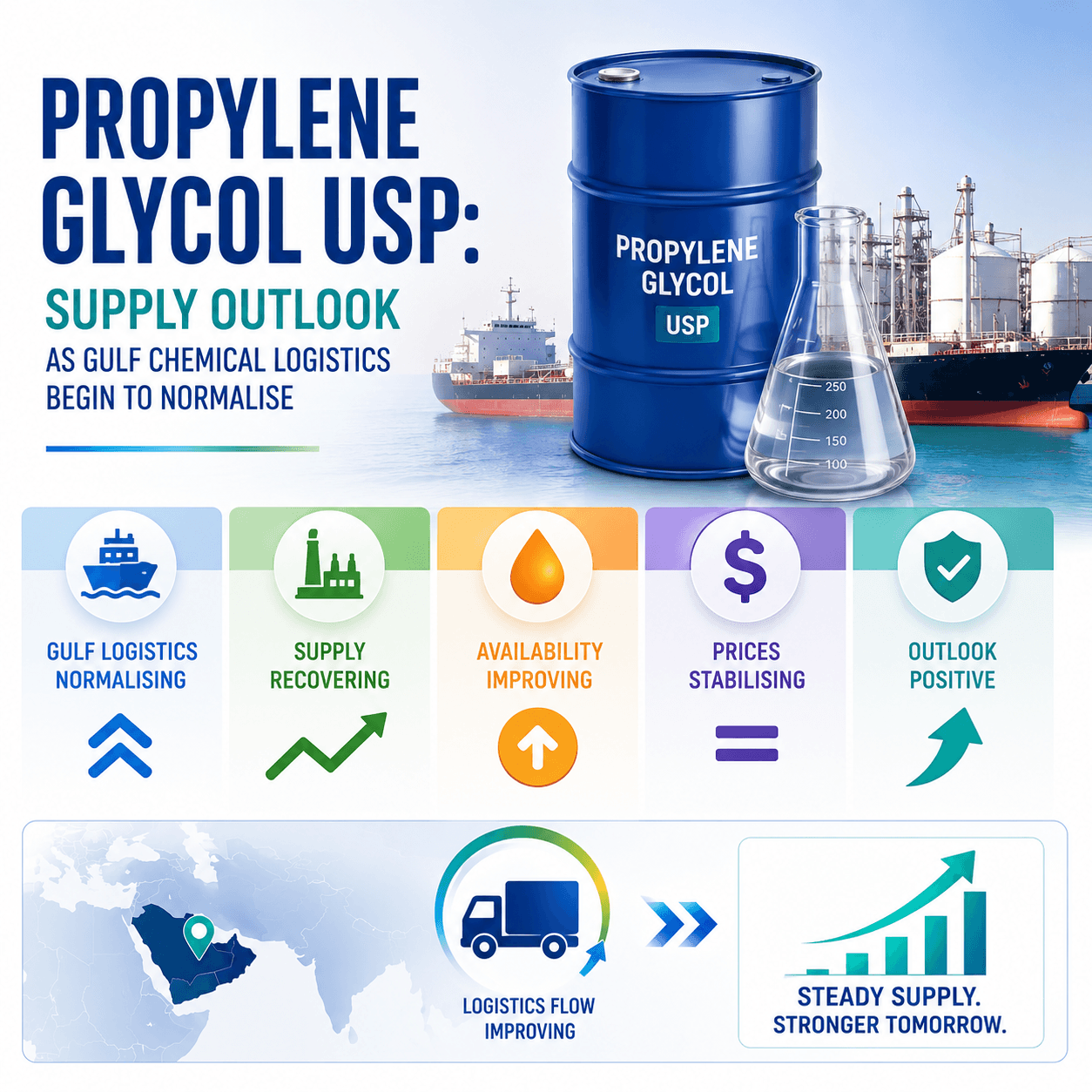 Propylene Glycol USP: Voorsieningsvooruitsigte namate die Golf Chemical Logistics begin normaliseer